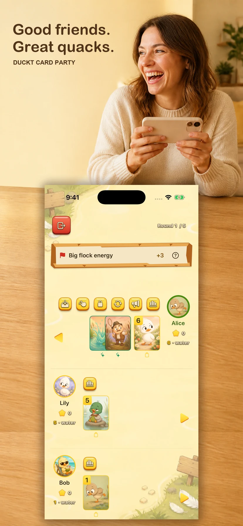 Illustrative player enjoying Duckt, with the real game table showing duck cards and player scores.