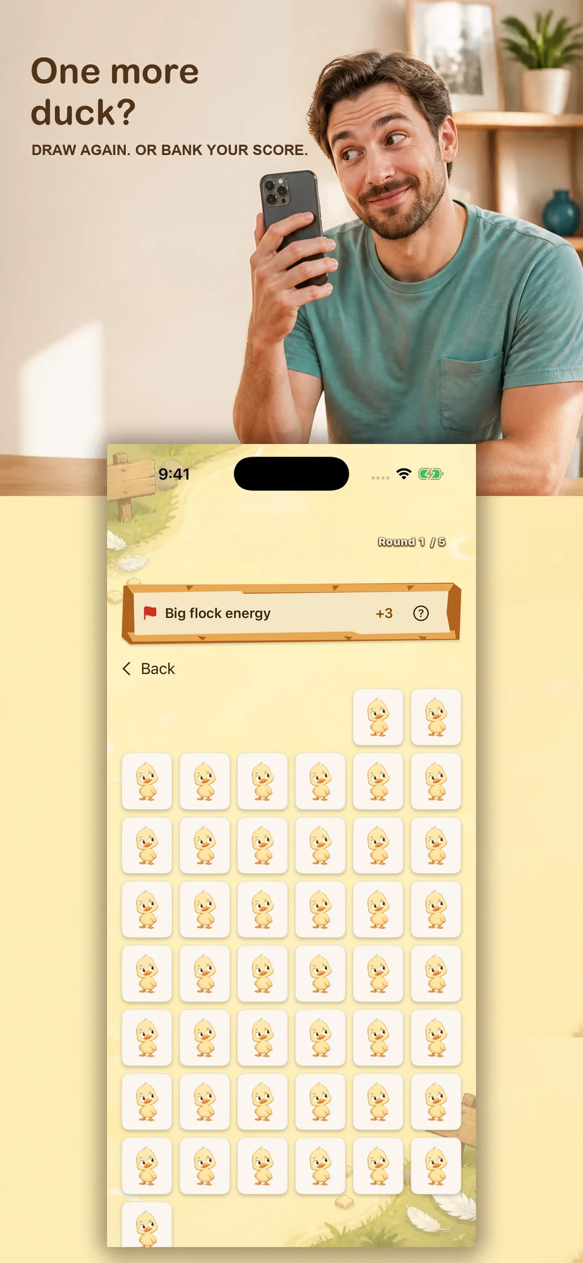 Illustrative player considering the next move, with the real choose-a-duck game screen.