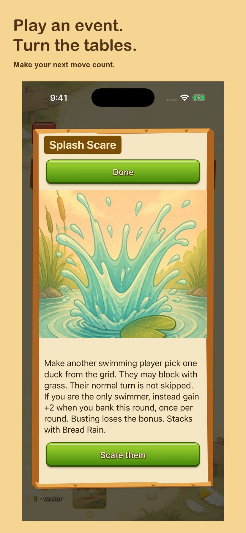 Real Splash Scare event card preview explaining its effect, with the Scare them action button.