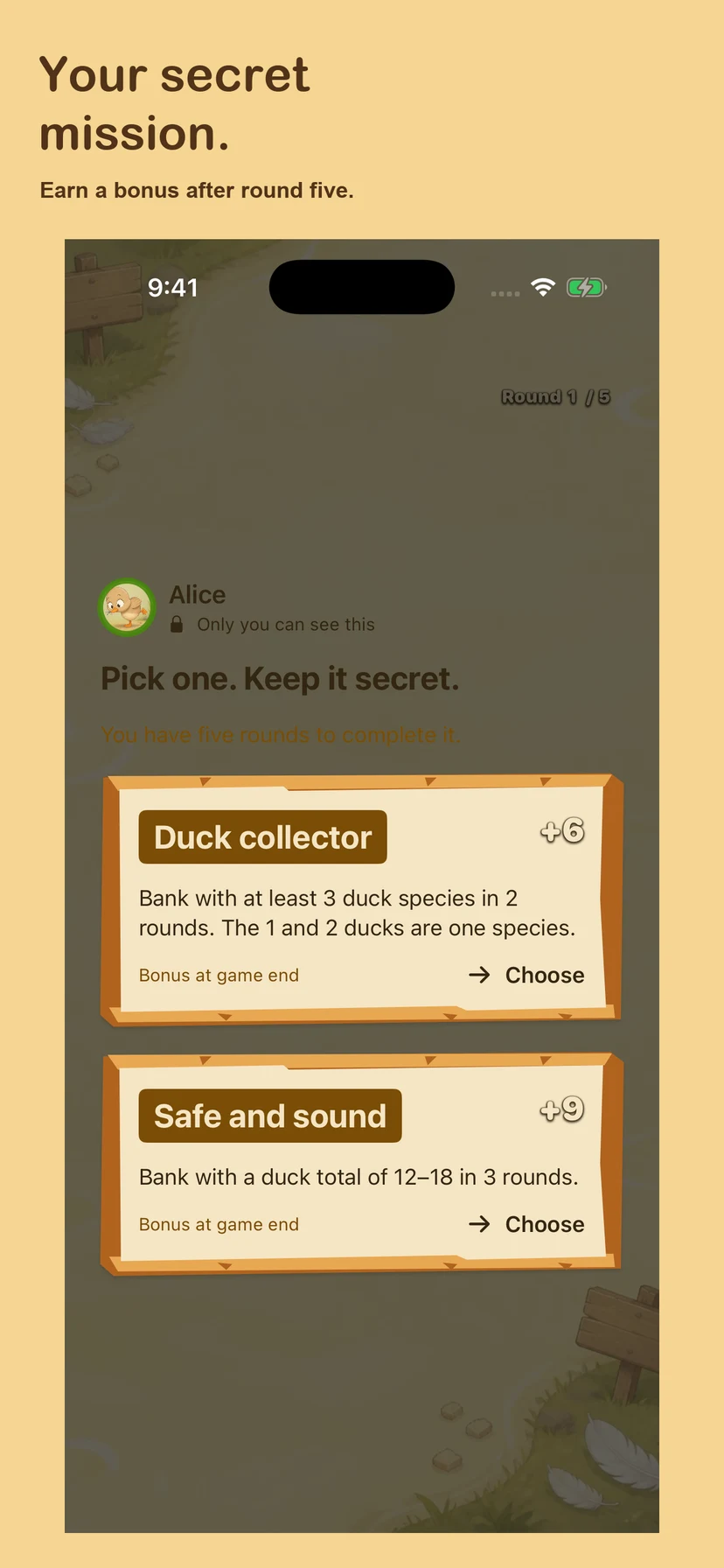 Real private mission selection showing two cards with different scoring goals.